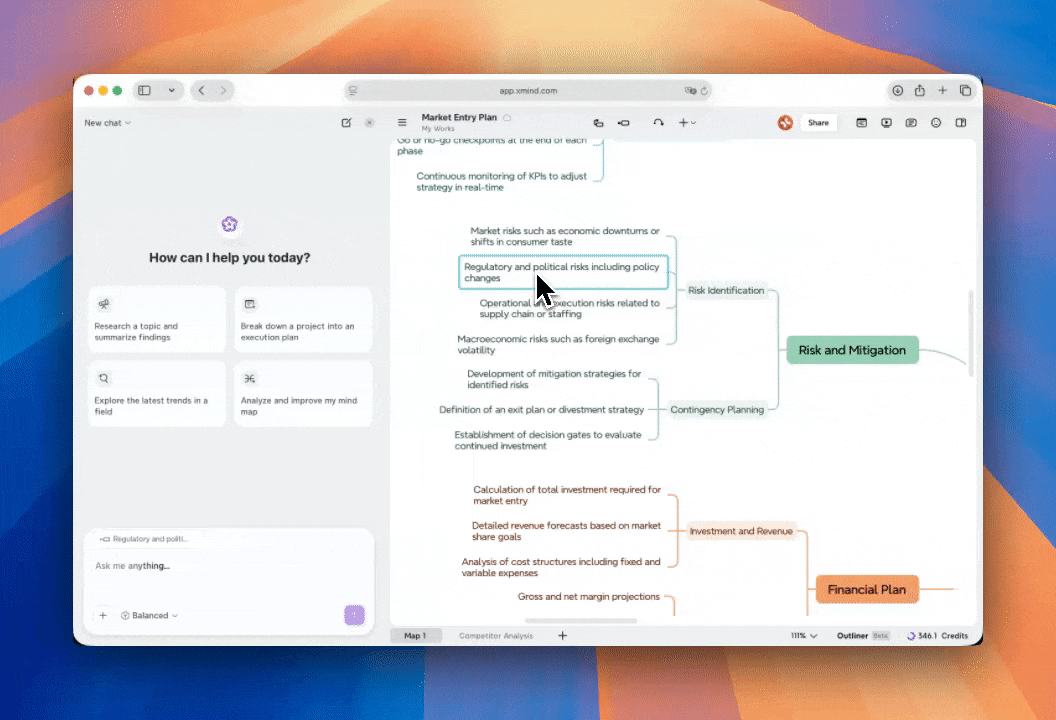 Show Xmind AI searching online and returning findings with sources in the chat. Then show the findings added as organized branches in the map.