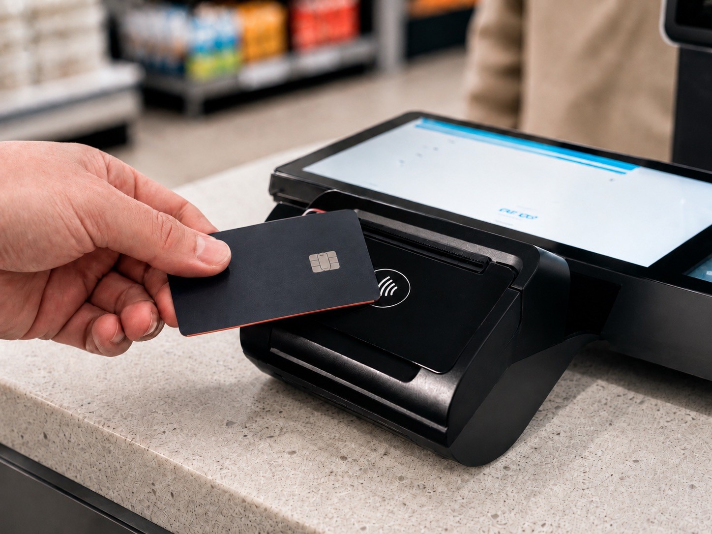 Customer paying with card on a Sunmi P3 Mix terminal.