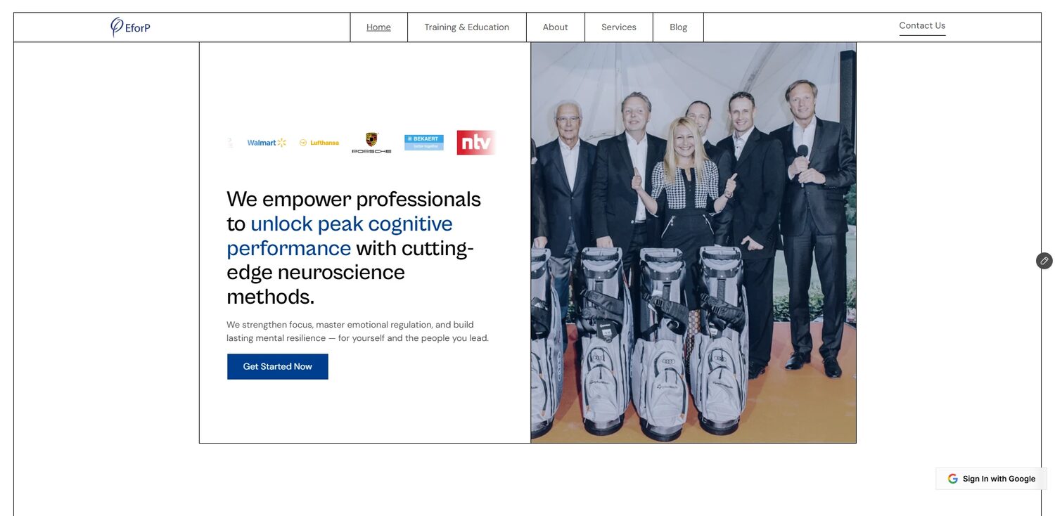 Screenshot: eforp.com – englischsprachige Startseite „We empower professionals to unlock peak cognitive performance with cutting-edge neuroscience methods“ mit Referenzlogos wie Walmart, Lufthansa, Porsche und ntv
