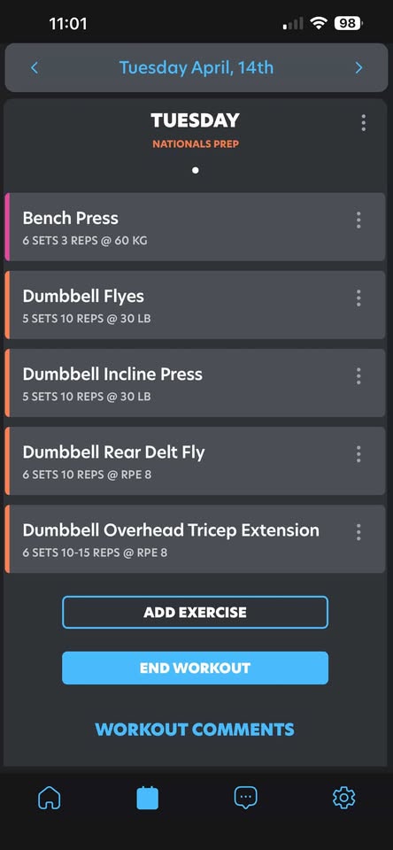 A snapshot of a "Tuesday" workout assigned to an athlete on their mobile app screen.