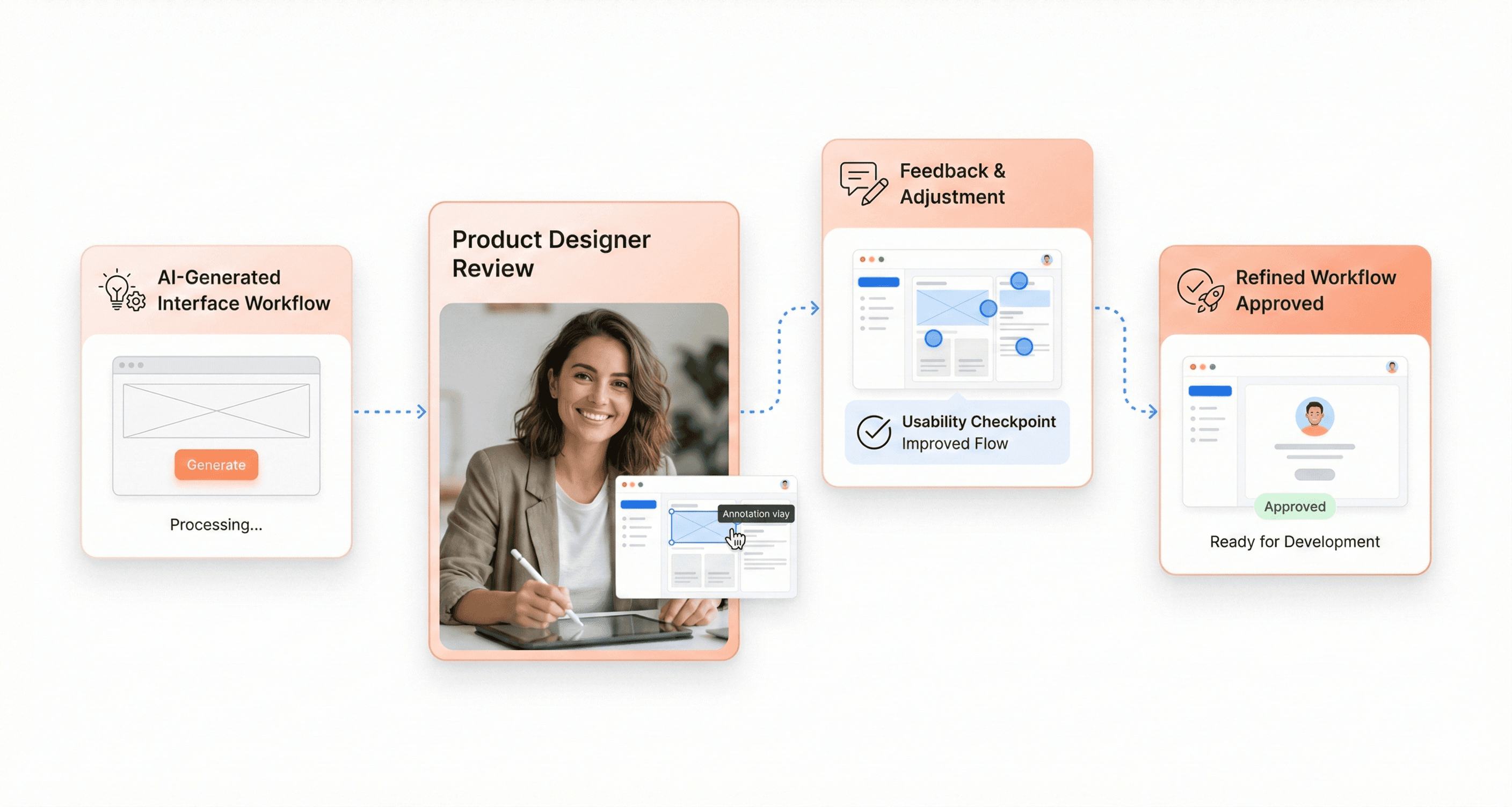 Product designer adjusting AI generated SaaS interface workflow using usability checkpoints and feedback indicators