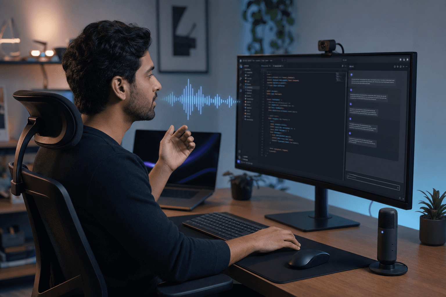 A developer sitting at a modern desk using voice dictation while coding in VS Code. The screen shows a code editor with an AI chat panel open. A subtle sound wave visualization floats near the developer's mouth, indicating they are speaking. The scene is clean, professional, and tech-forward with a dark-themed IDE. Soft ambient lighting.