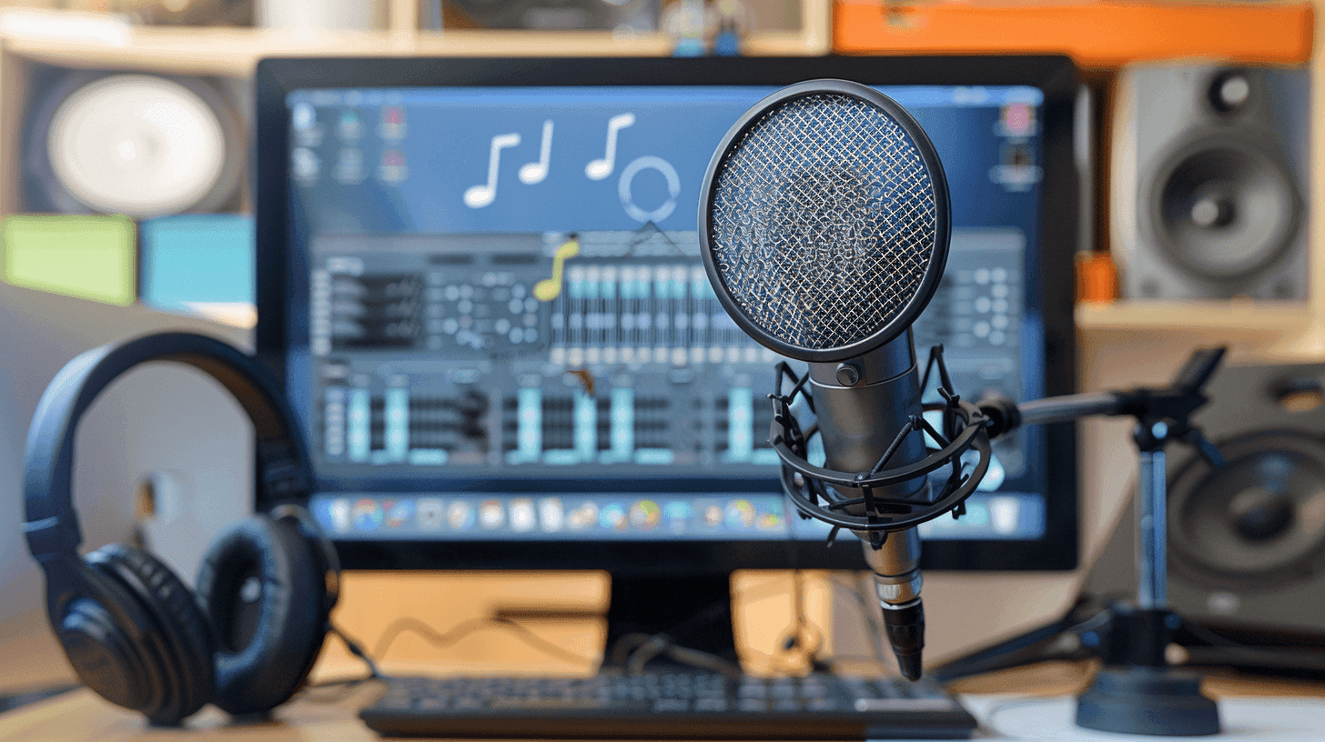 Condenser mic with audio technology and a speaker system in the backdrop