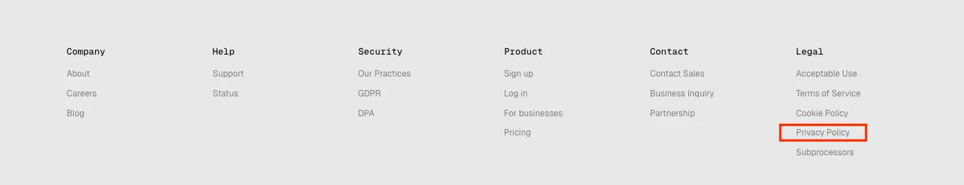 Screenshot of the Serus website footer with the Privacy Policy link highlighted