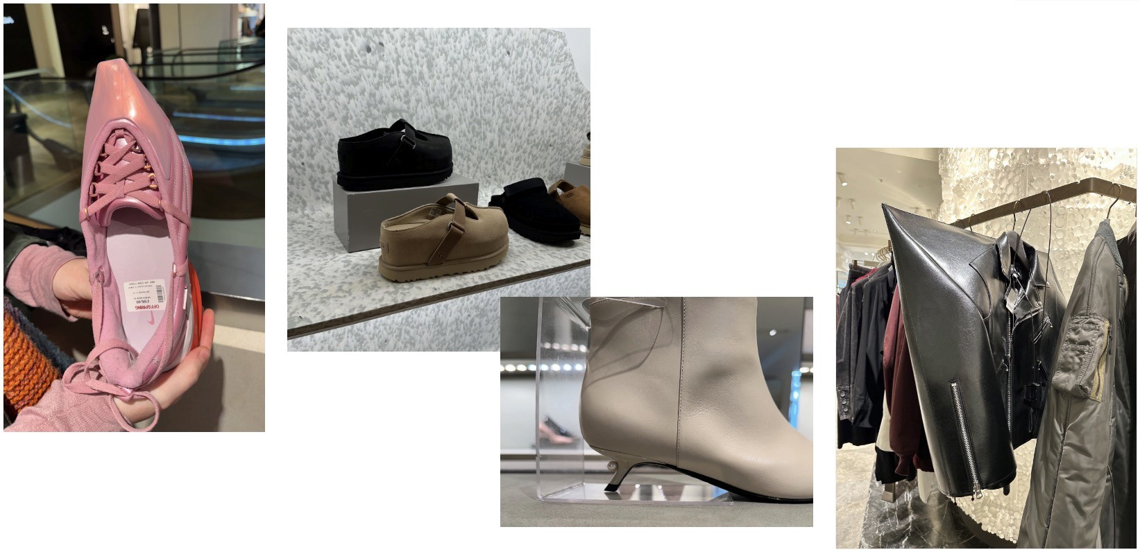 Collage of fashion retail displays featuring pink lace-up sneakers held in hands, multiple pairs of suede desert boots in black and beige tones displayed on a marble surface, a taupe ankle boot with sculptural curved heel on clear display stand, and black leather jackets with zipper details hanging on clothing rack