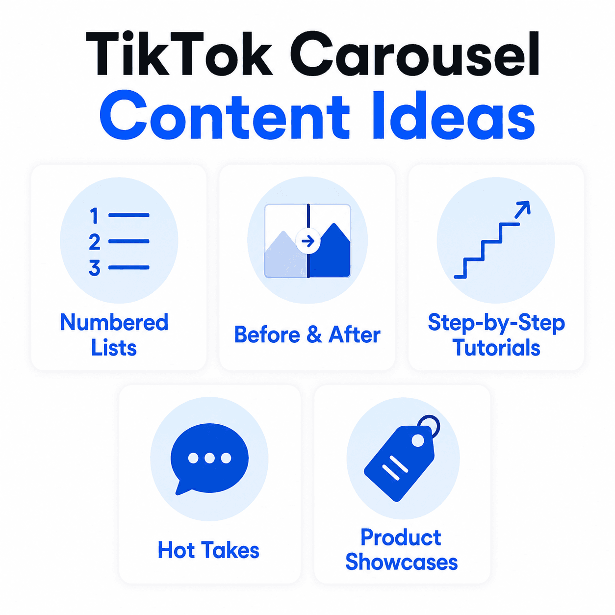 Grid of five TikTok photo carousel content idea categories that fit the swipeable format well.