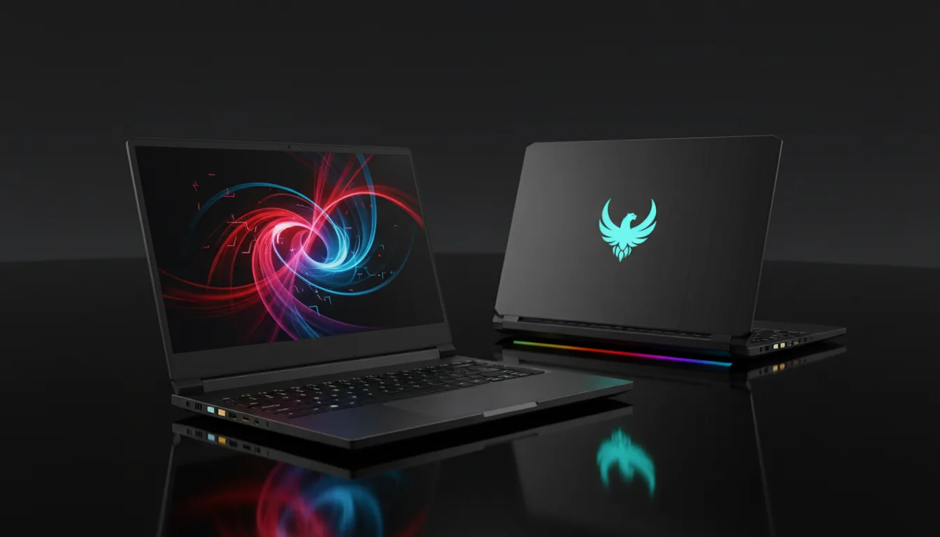 DSLR product photography of two high-performance gaming laptops on a polished, reflective black surface in a dark, minimalist studio. The foreground laptop is open, angled towards the viewer, its screen displaying vibrant red and blue abstract graphics. A second laptop is behind it, partially closed, showing the back of its lid with a glowing cyan logo. Both laptops feature prominent RGB underglow light strips casting colorful reflections. Soft studio lighting with cinematic contrast, highlighting the matte dark metal texture of the hardware, sharp focus.