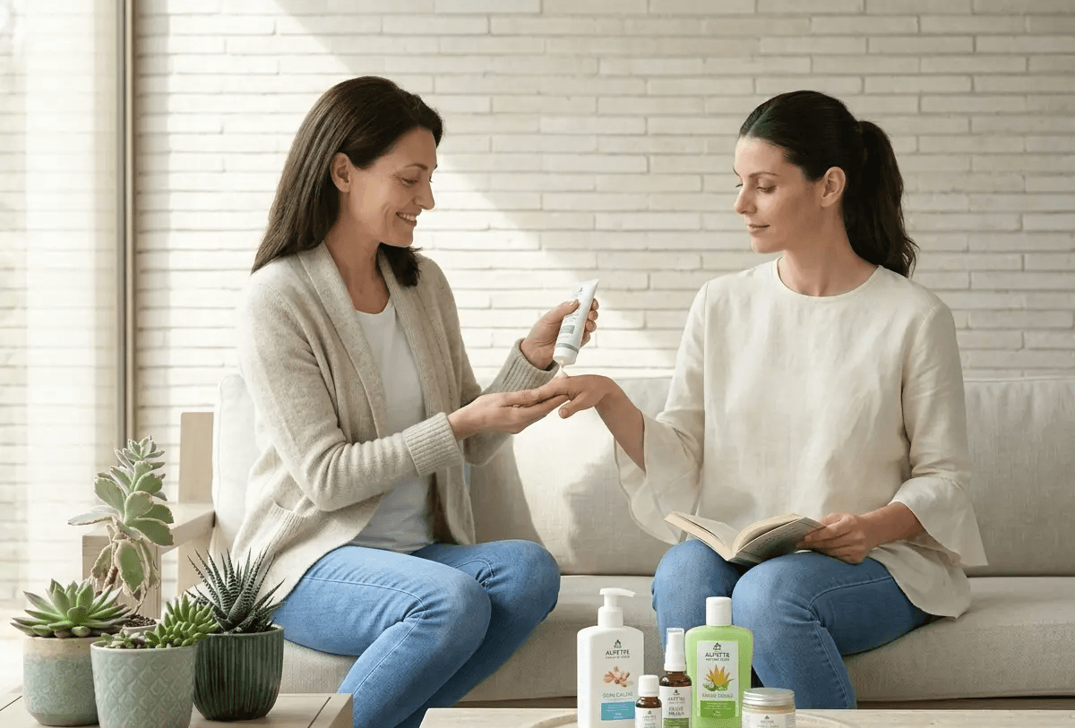 femmes partageant un moment de soin avec une gamme de cosmétiques naturels dans un salon minimaliste et lumineux, ambiance bien-être et sérénité CaladeJust