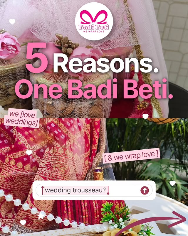 Badi Beti wedding trousseau graphic in pink, cream, and burgundy