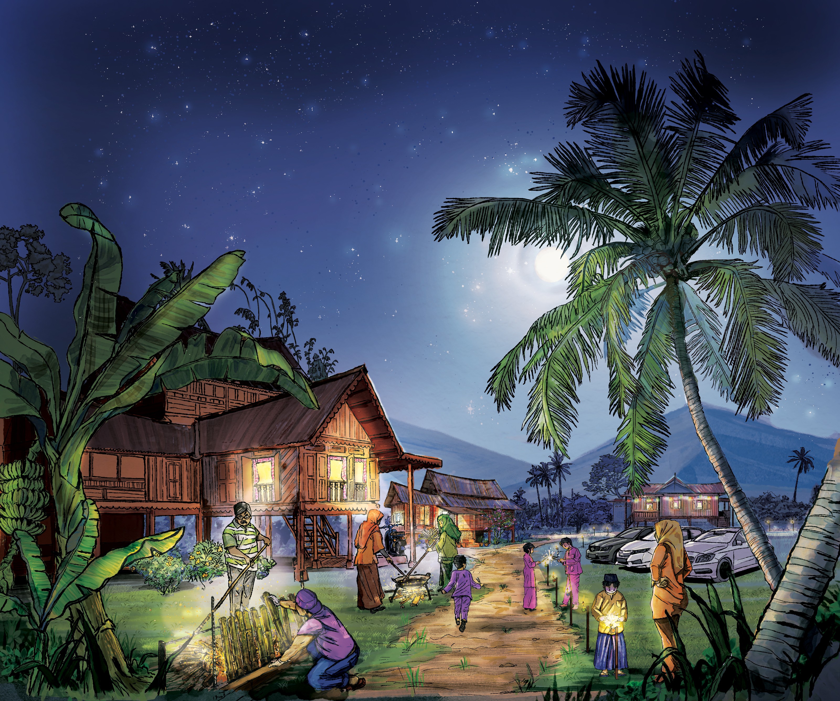 full view of the illustration with Kampung di Suasana Hari Raya