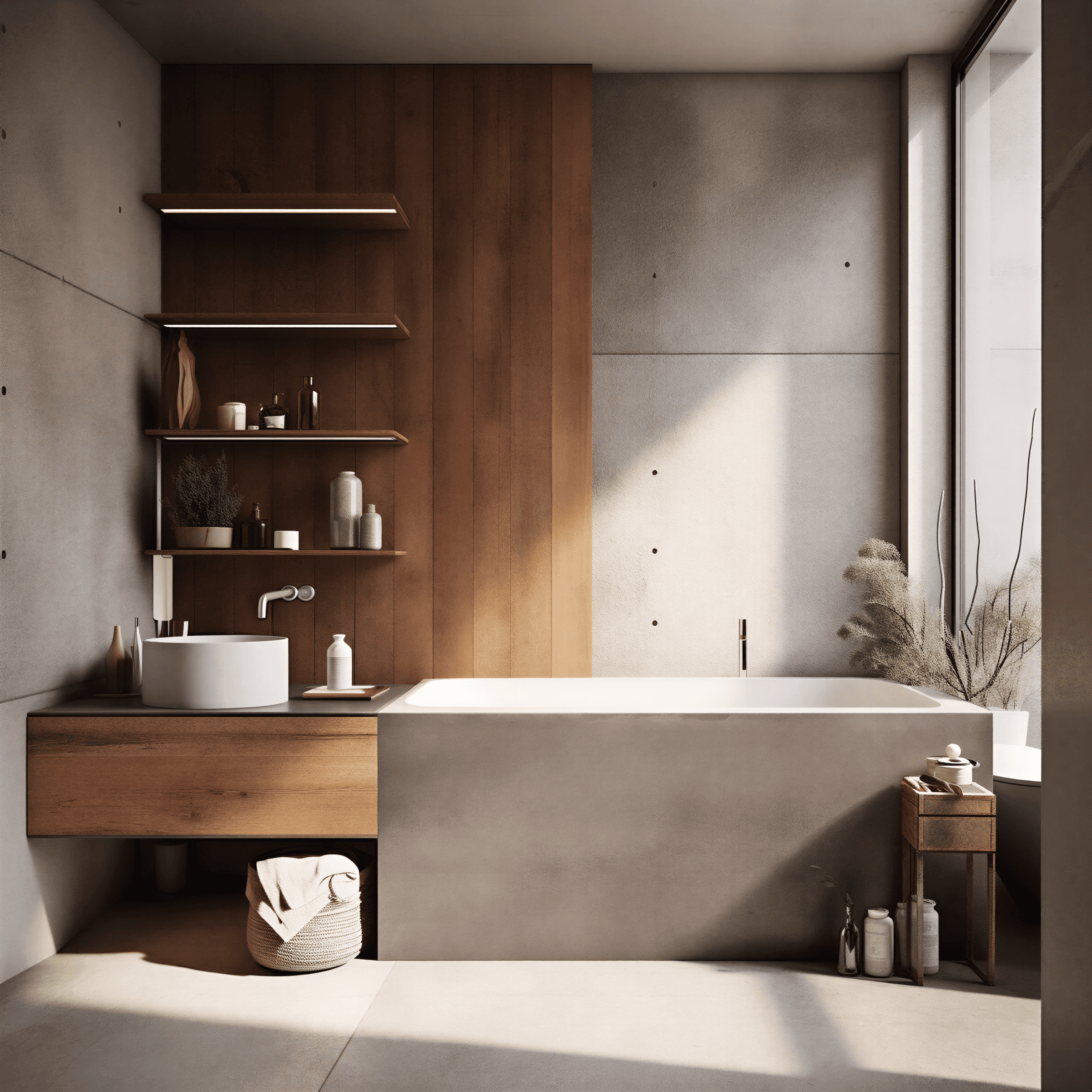 Contemporary bathroom featuring freestanding white tub, wooden floating vanity with vessel sink, concrete accent wall, and illuminated shelving