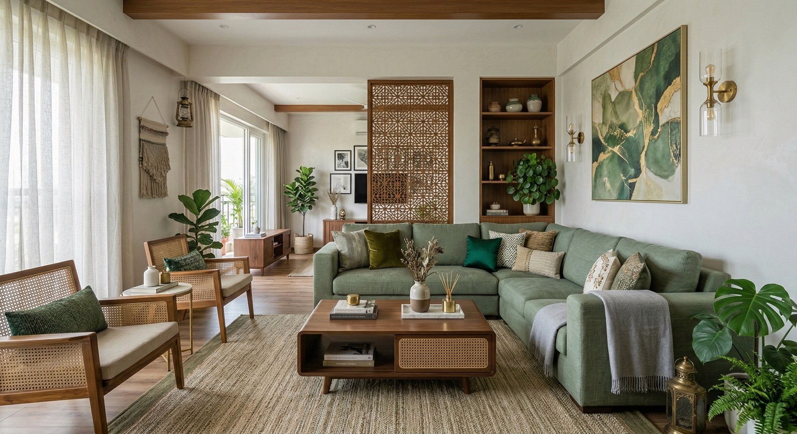 A serene, earthy-modern living room in Pune blending sage green upholstery with warm wood accents and intricate Jaali-inspired textures.
