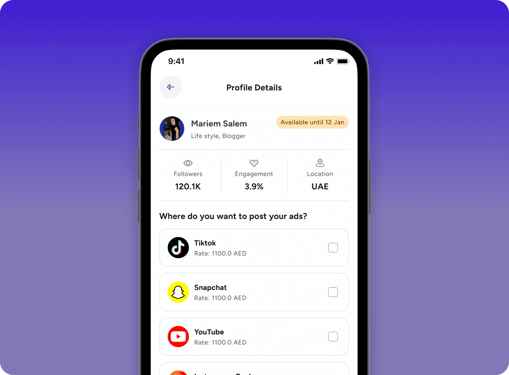 Influencer matching profile screen showing creator details and platform selection