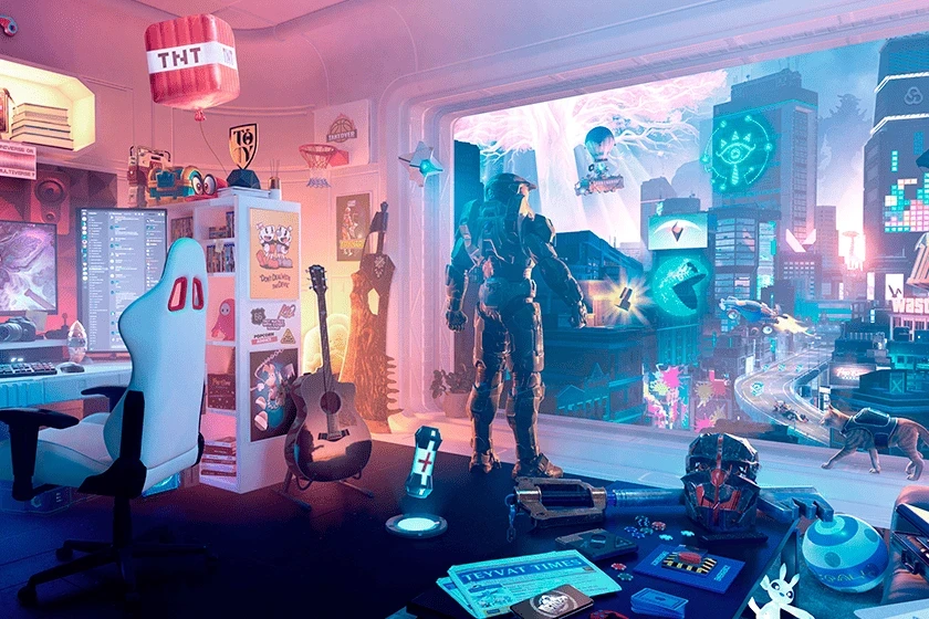 Décor d'un jeu PopCorn Garage, une pièce futuriste remplie de références de jeux vidéos à retrouver.