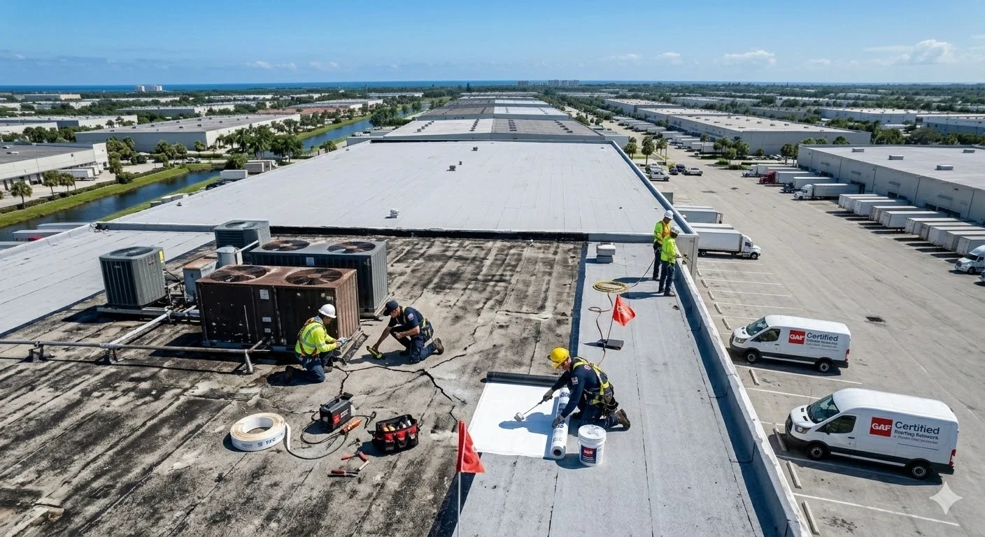 Commercial roof leak repair South Florida — licensed Roofing Network technician performing emergency membrane repair on flat commercial roof