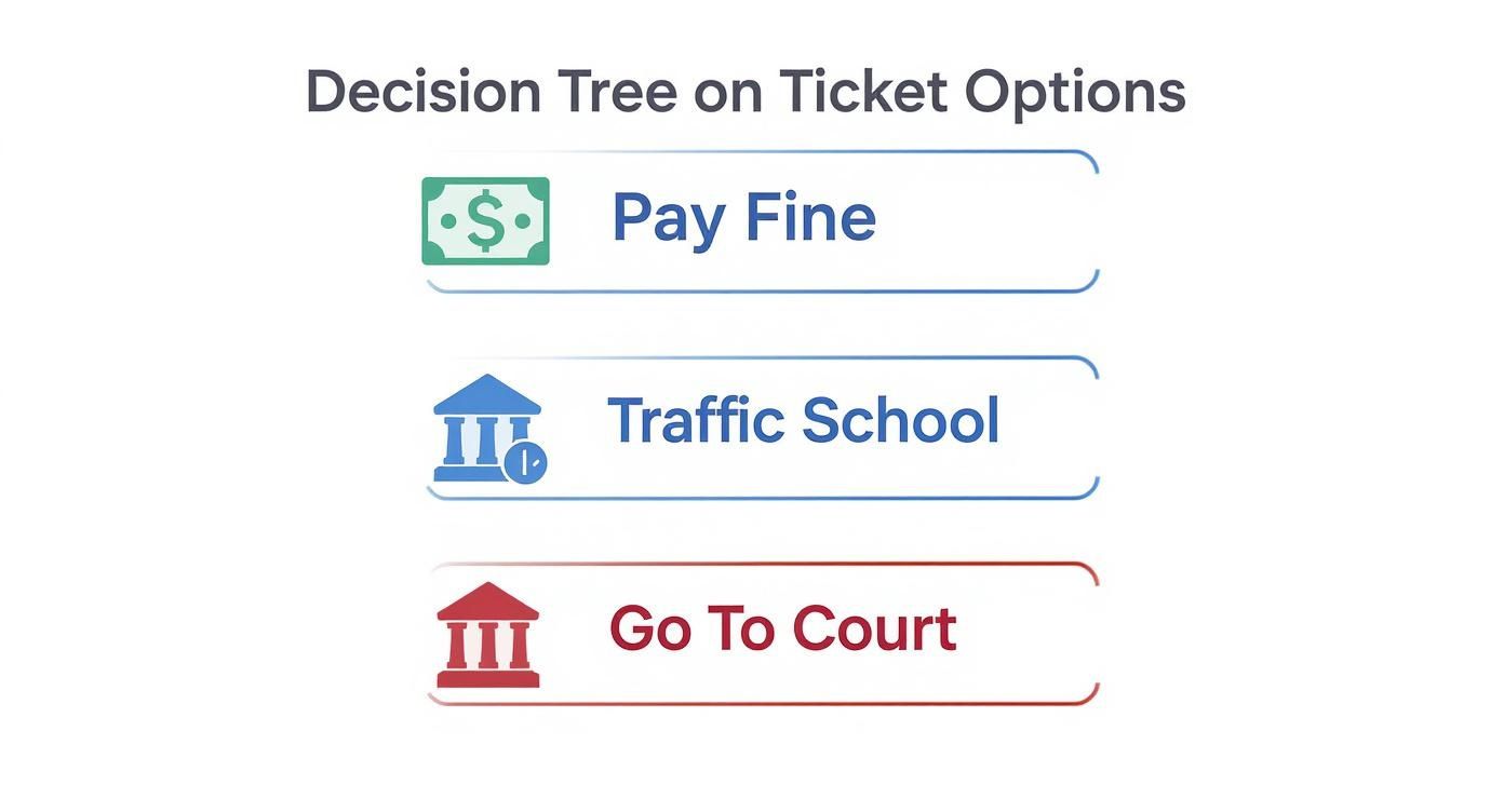 A decision tree displaying three options for a ticket: Pay Fine, Traffic School, and Go To Court.