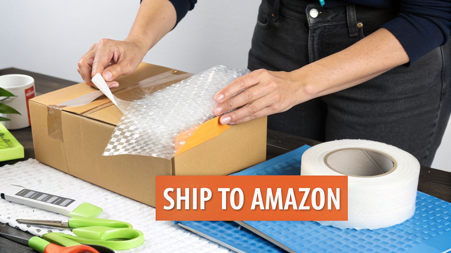 A person's hands packing a cardboard box with bubble wrap and tape on a table, preparing to ship to Amazon.