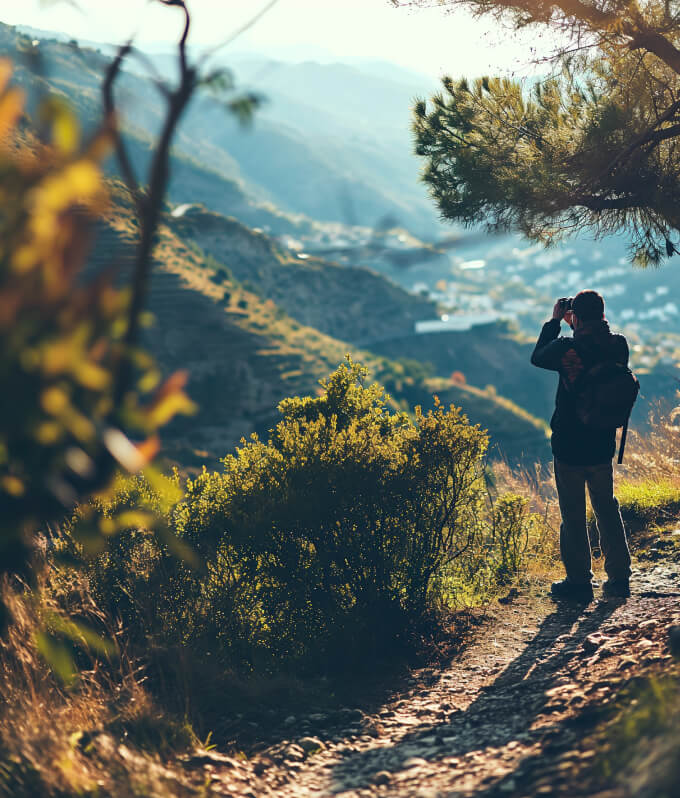 A boy is standing on a mountain and taking pictures.