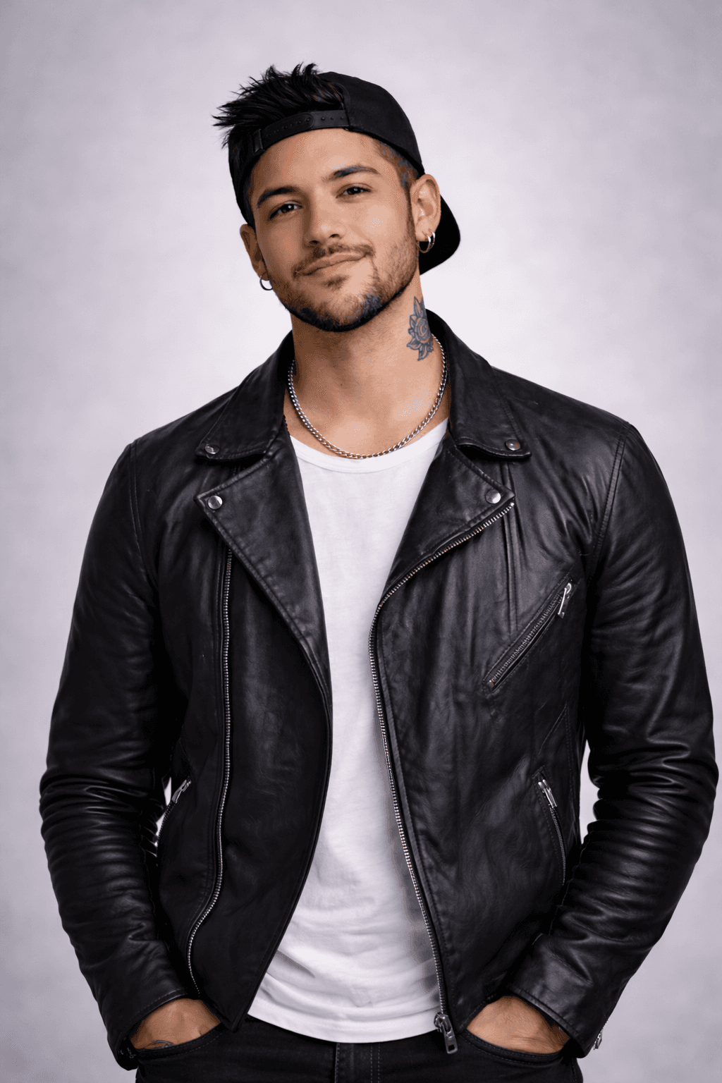 Young man in black leather jacket and backward cap, subtle neck tattoo and earrings, posing against a light gray studio backdrop.