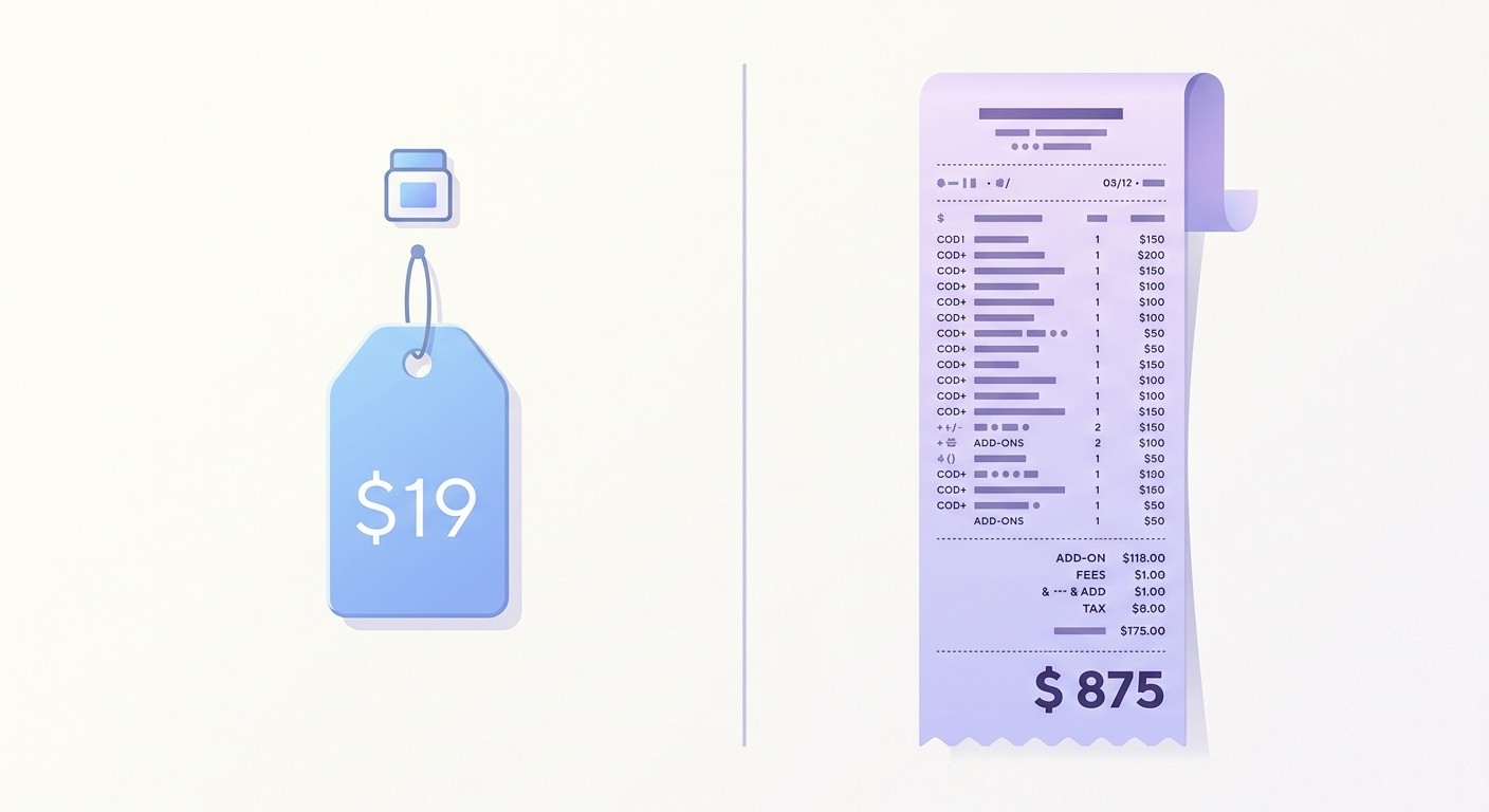 Illustration comparing simple affordable pricing versus complex expensive pricing with many add-ons