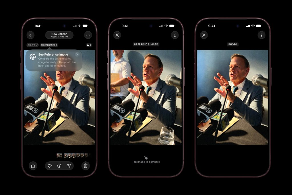 Three smartphone screens displaying a photo of a man in a suit speaking at a table with microphones and a glass of water.