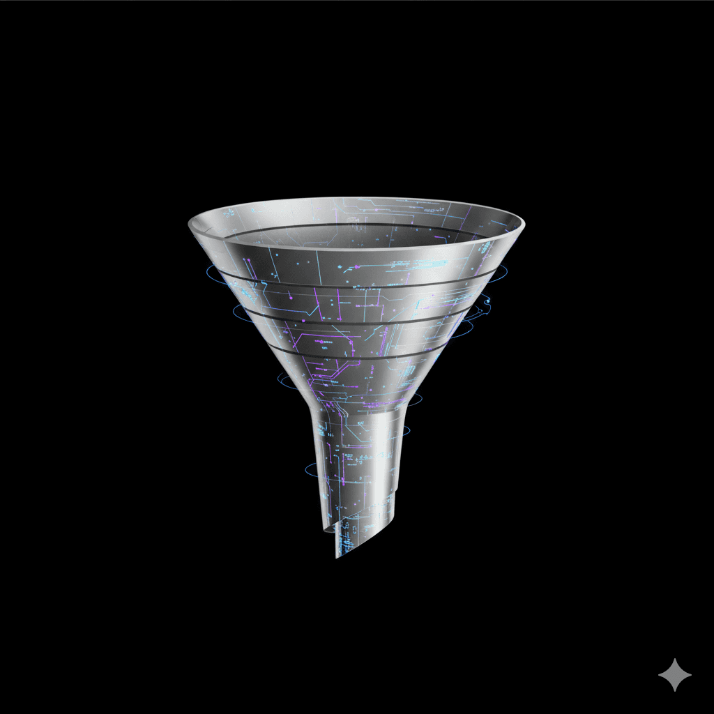 Dark abstract visual representing the marketing funnel strategy, customer intent, and decision-making from awareness to conversion