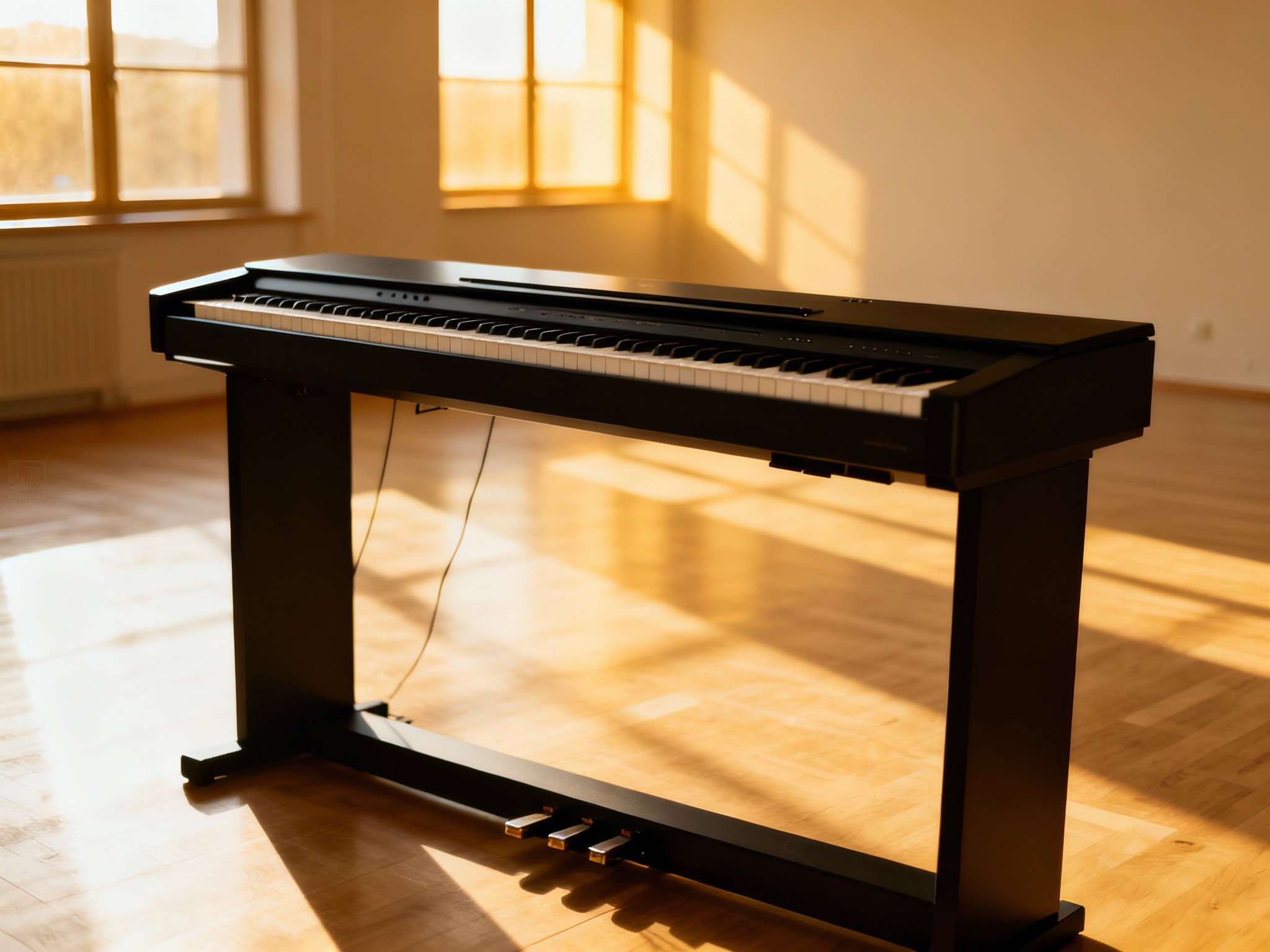 A composition portraying a modern digital piano in a minimalist, sunlit studio interior during