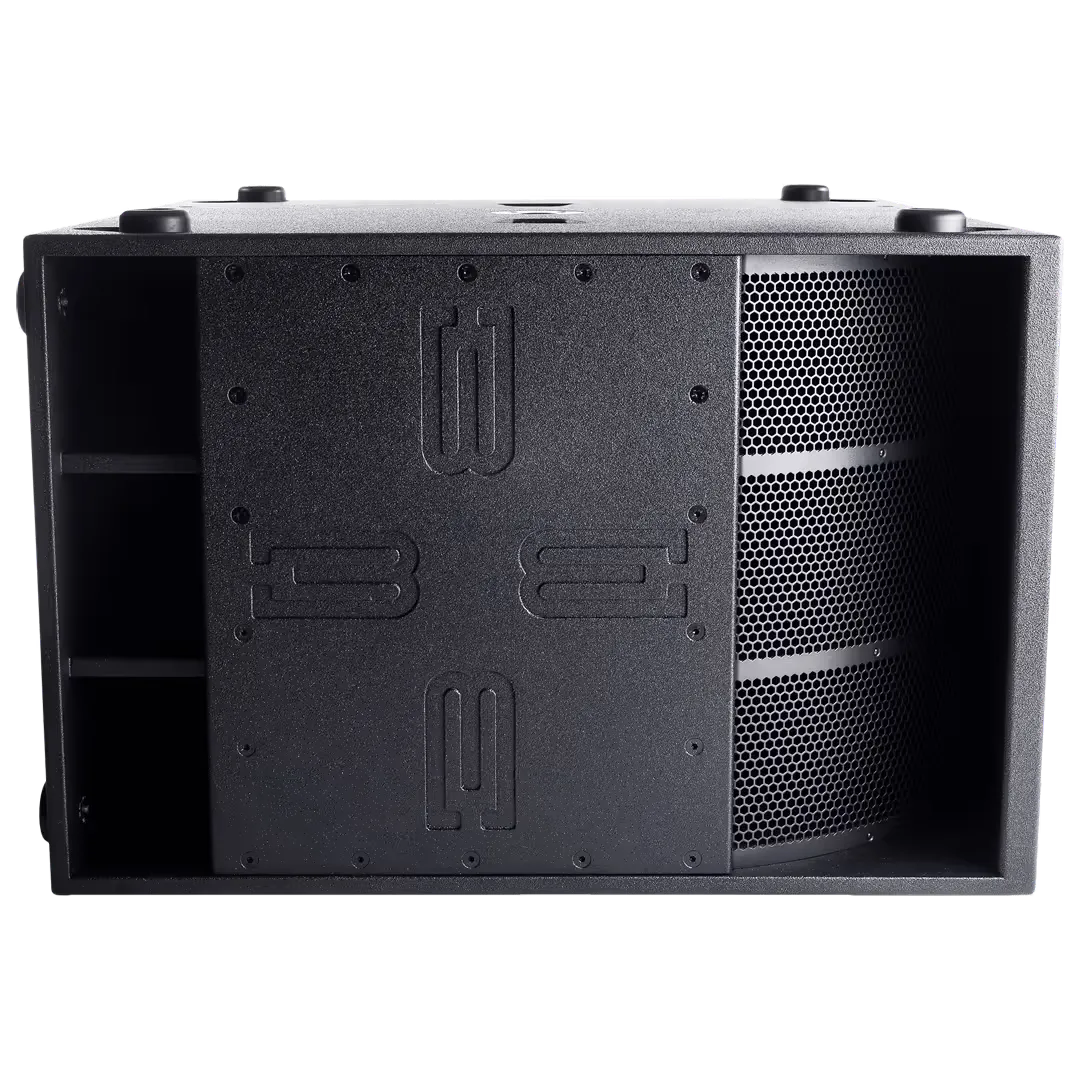 Black speaker cabinet with grill and embossed logo