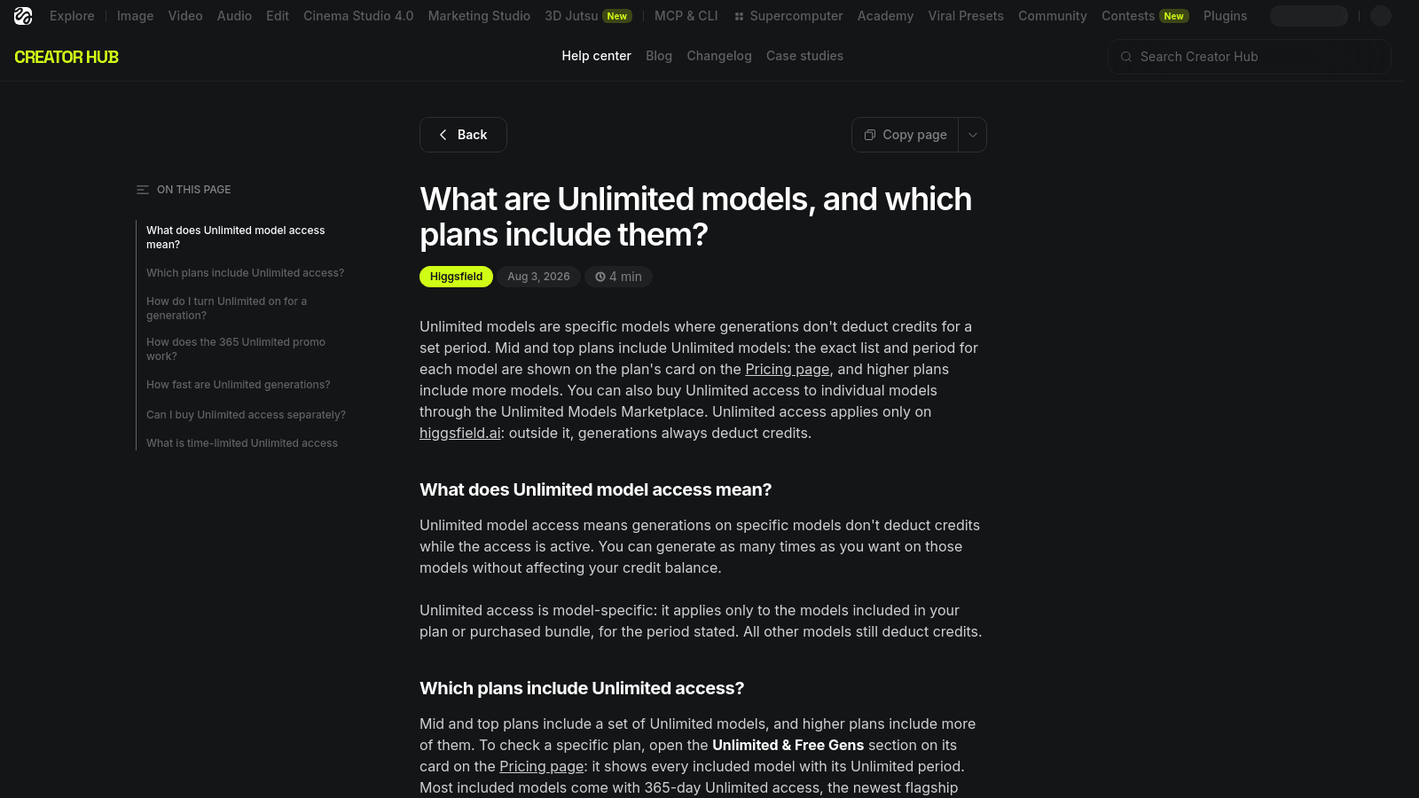 A Higgsfield Creator Hub help center article explaining unlimited model access and relevant subscription plans.
