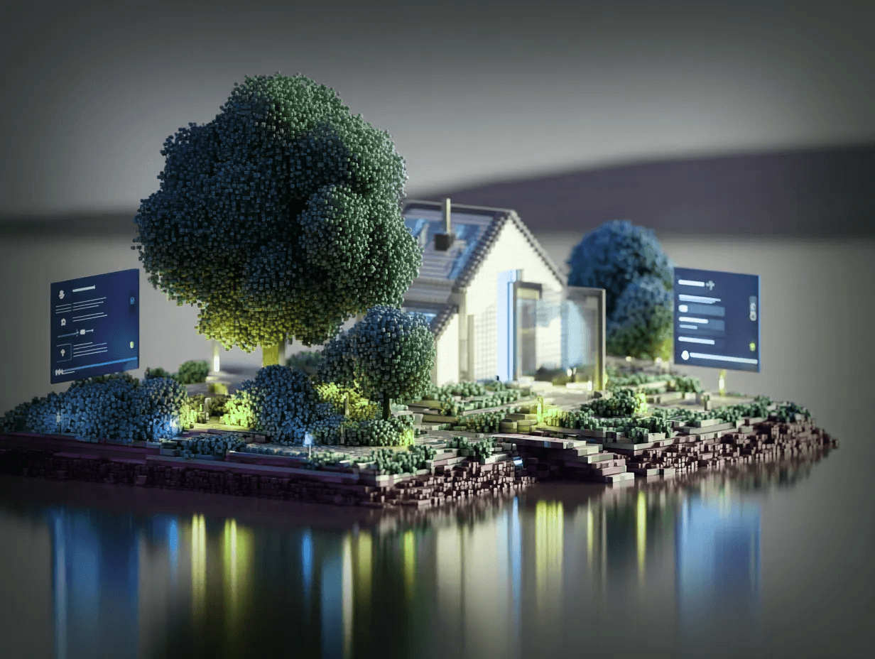 Voxel-style 3D illustration of an eco-friendly house with floating UI panels, representing Byte/Me Design’s creative, user-focused web design services in Luxembourg.