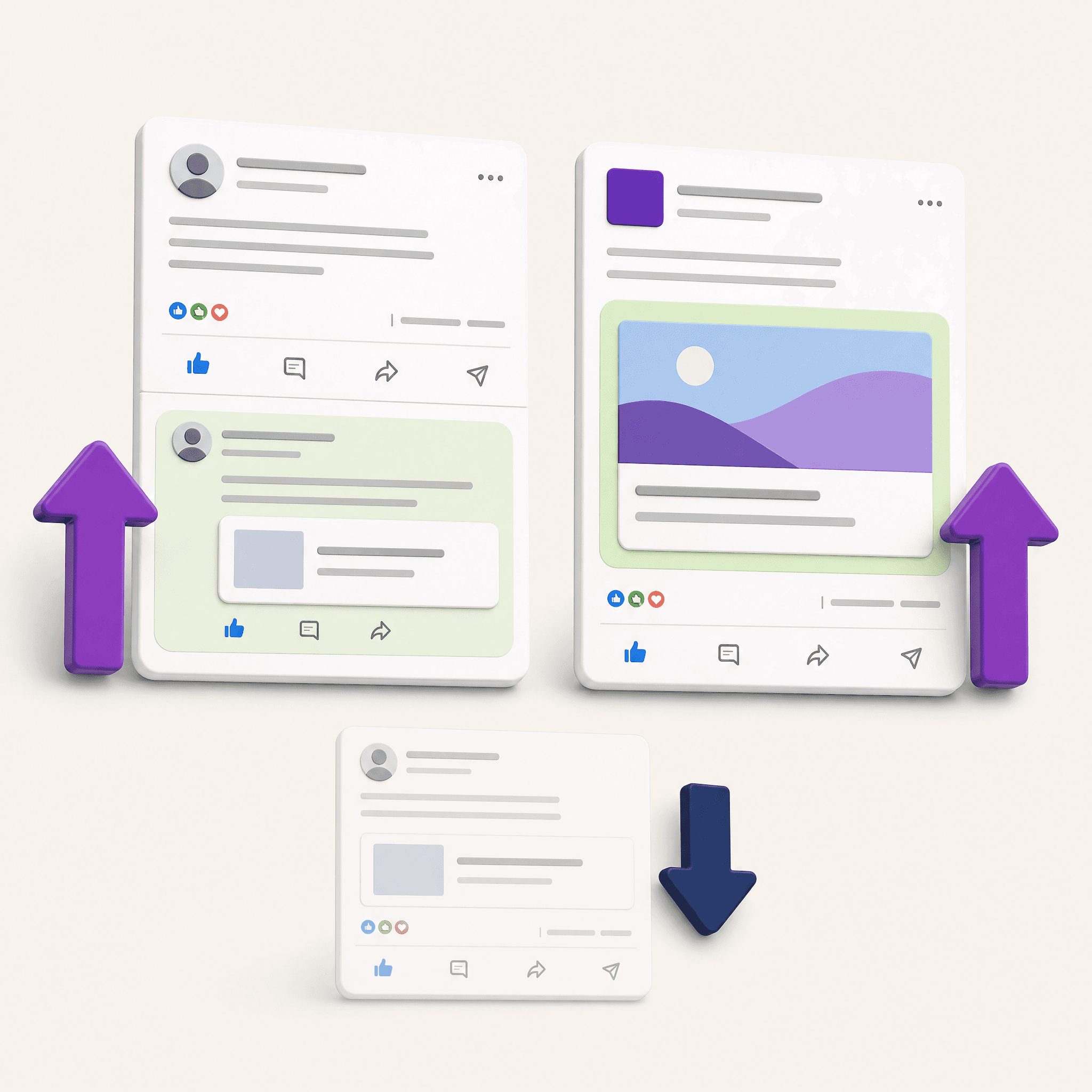 Three LinkedIn posts: a personal profile with the link in the first comment and a purple arrow up, a company page with the link in the post body and a purple arrow up, and a personal profile with the link in the body and a navy arrow down