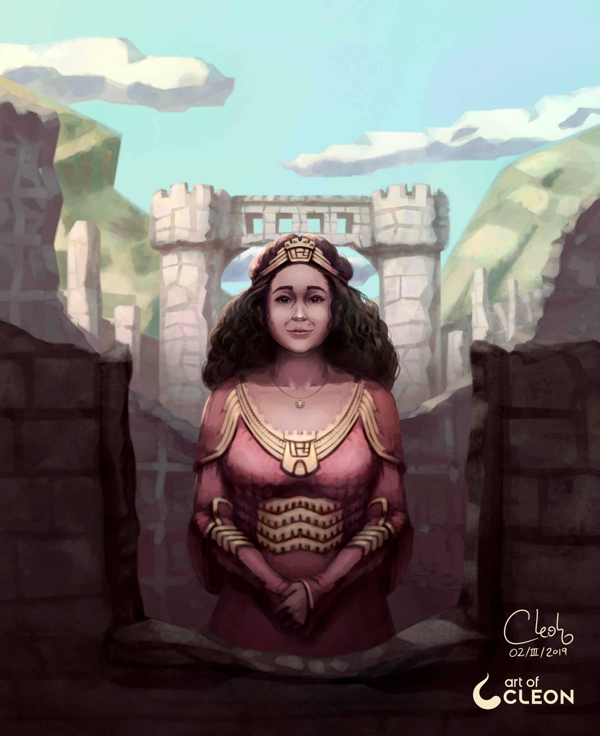 Full Princess of Castillo painting with a crowned woman in a red and gold dress framed by a ruined stone gateway.