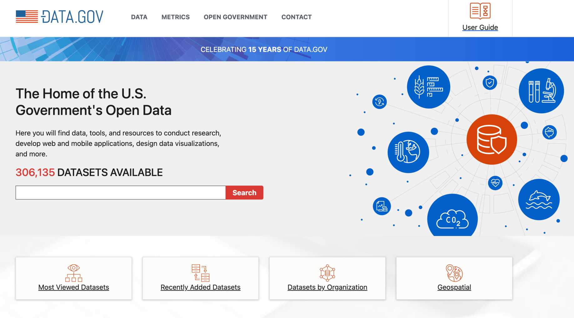 Homepage of US government data portal offering datasets and research tools