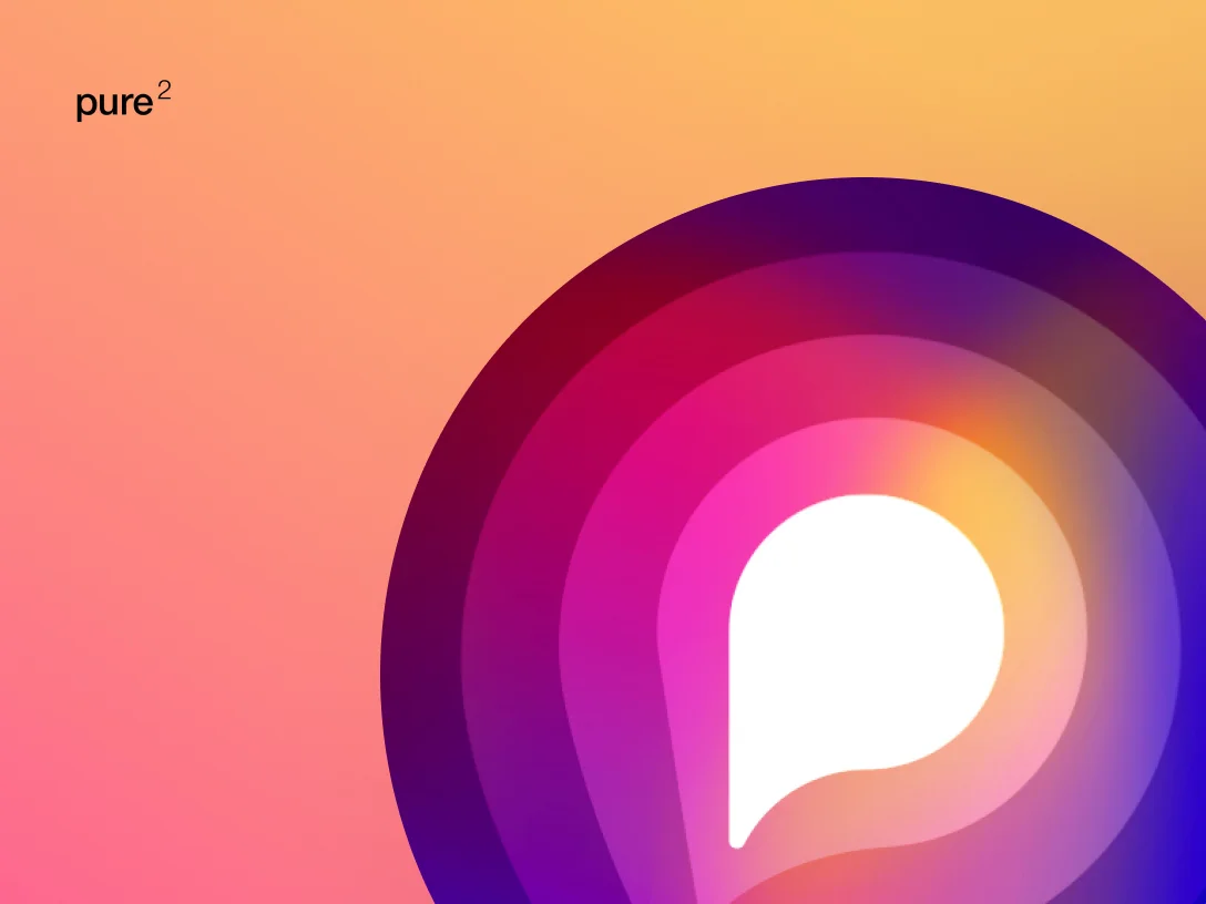 Pure Squared brand logo design featuring vibrant abstract layered circular gradients in purple, pink, and orange.