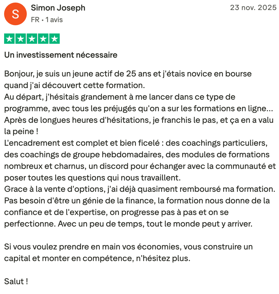 Avis Trustpilot 5 étoiles – Simon Joseph, 25 ans, France, formation bourse et options avec coaching Léo-Paul
