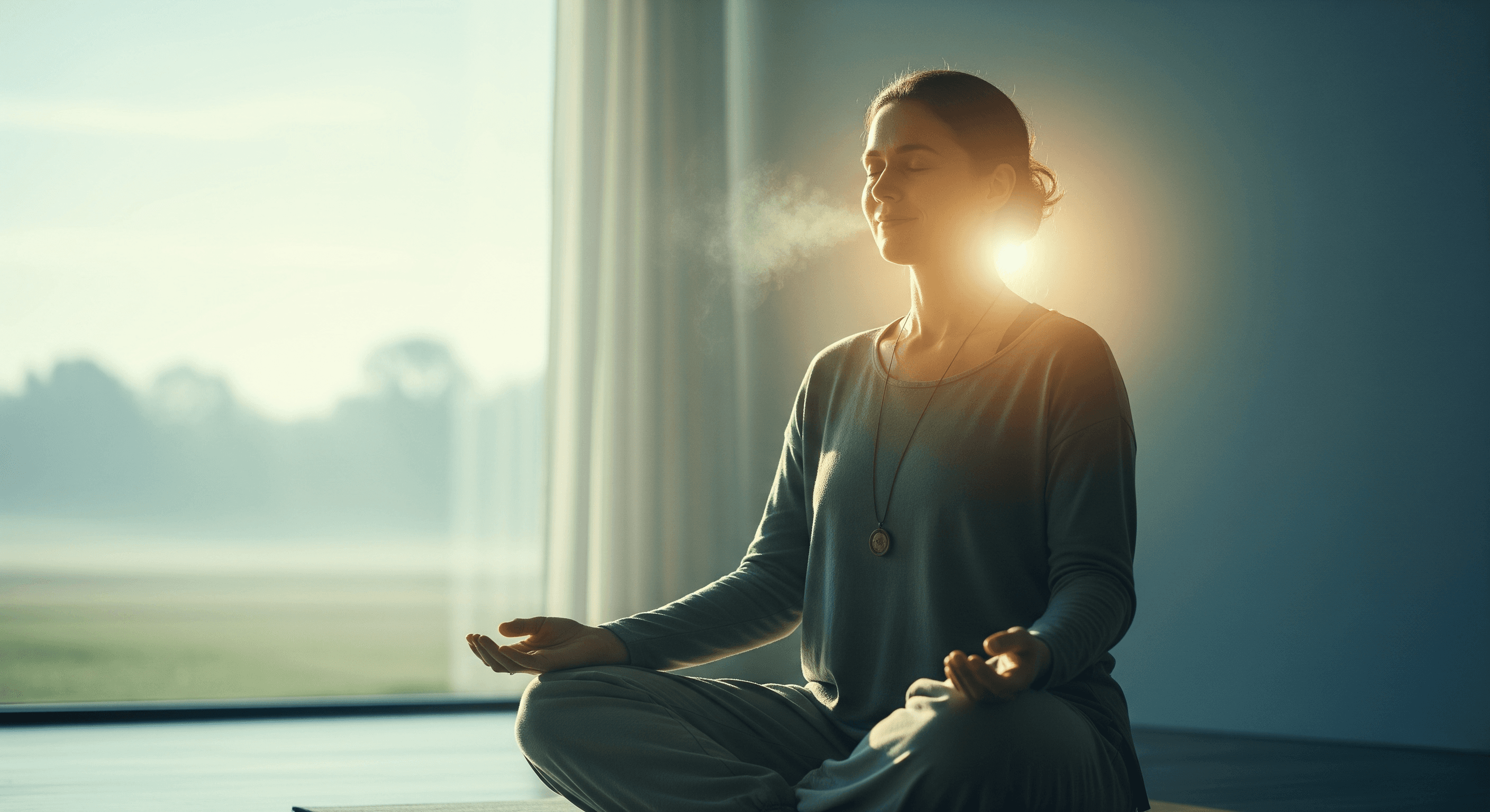 An image of a person calmly practicing a guided breathing technique, conveying a sense of emotional release and mental clarity.
