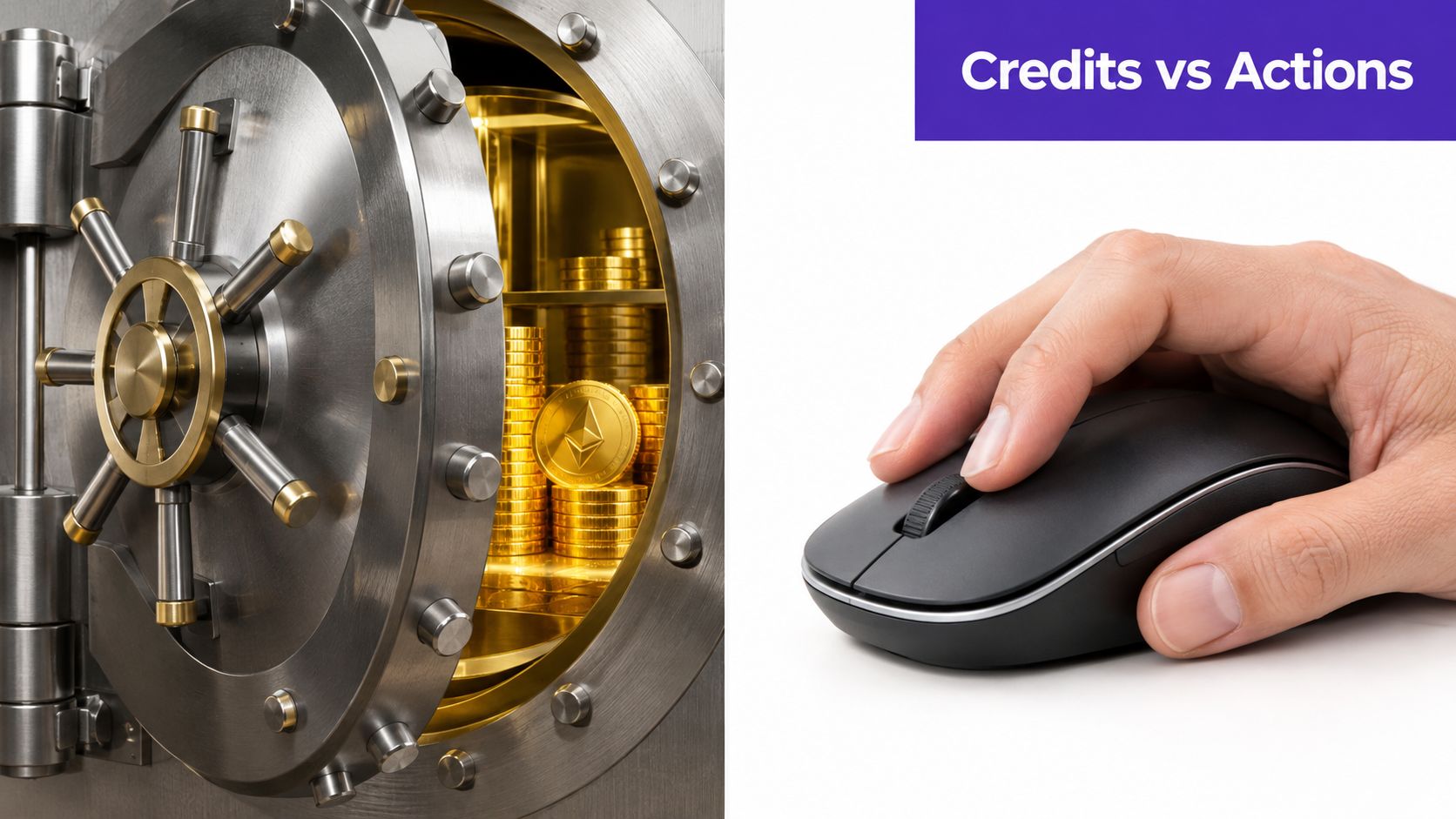 A split image showing a bank vault filled with gold coins and a hand using a computer mouse.