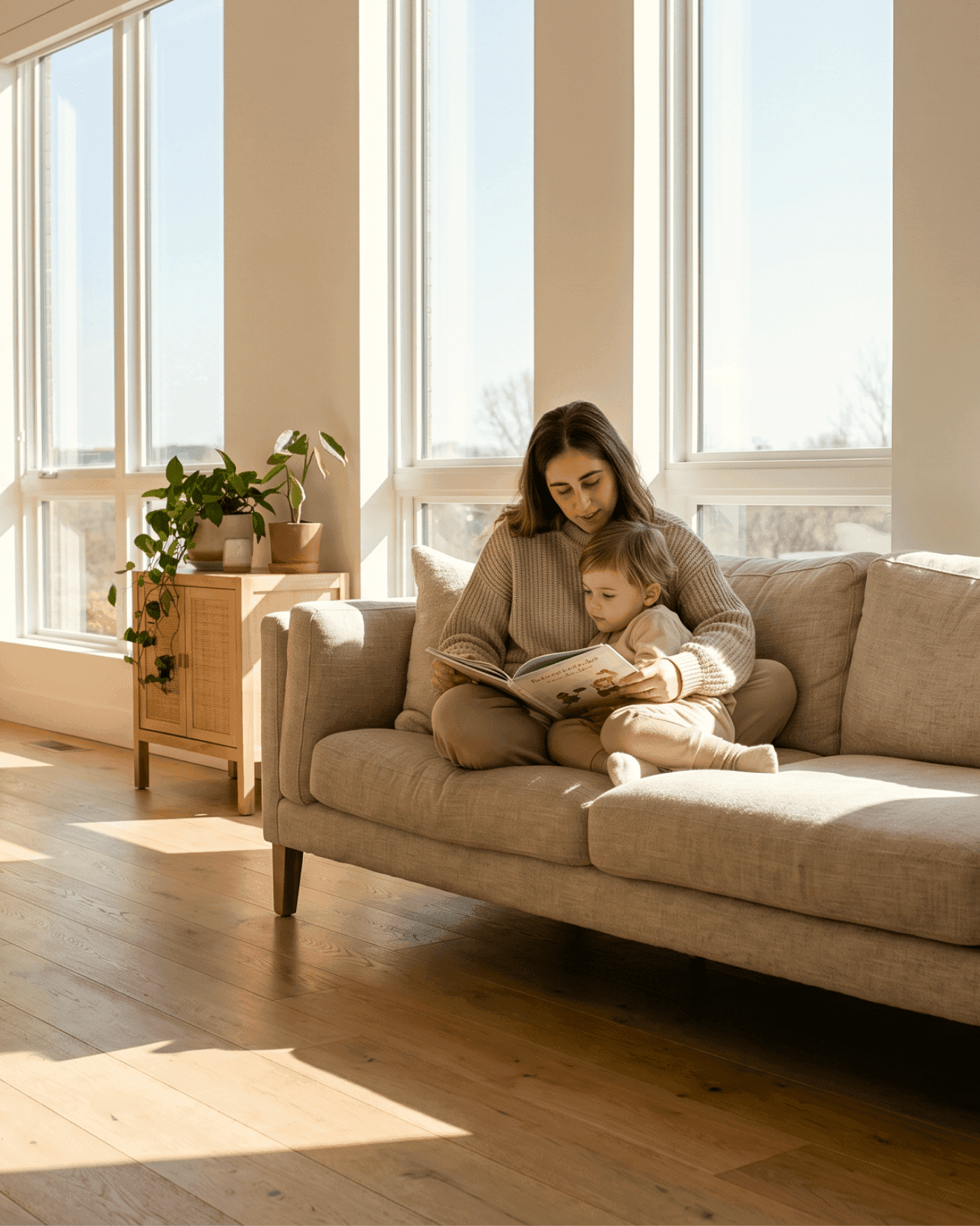 Mother and child reading a book in the living room with sunlight coming in through the window