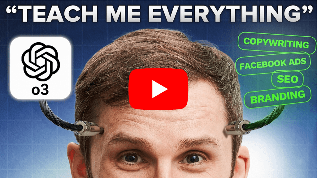 YouTube-Thumbnail Teach me everything mit dem ChatGPT-o3-Logo und Themen wie SEO und Facebook Ads