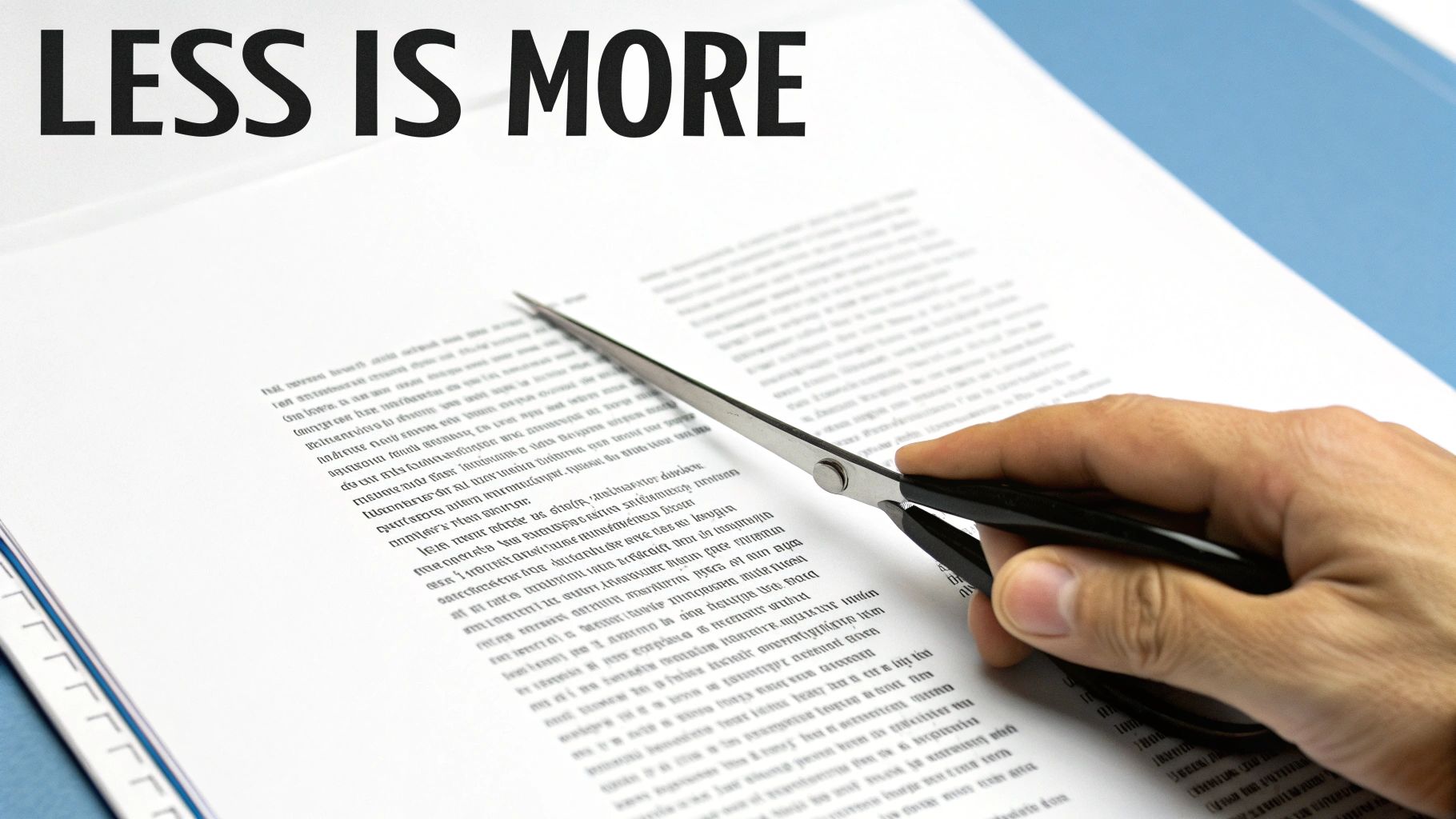 A minimalist stage setup with a single chair and a stark spotlight, representing the 'less is more' philosophy.