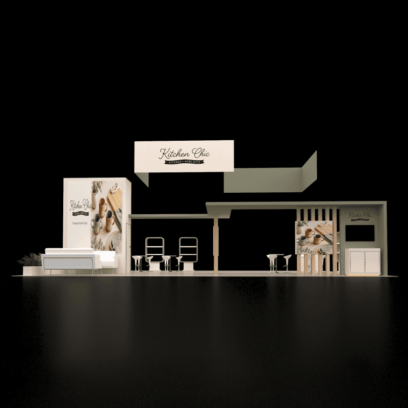30x40 product display booth rental with merchandising fixtures and lead capture