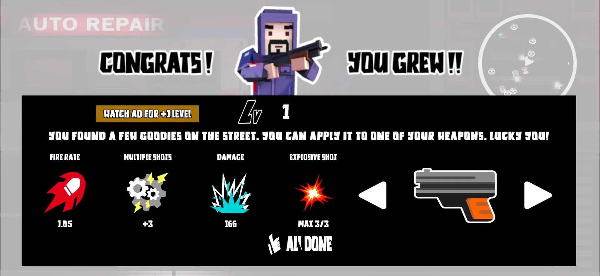 Zombie Citizen weapon upgrade screen with fire rate, multiple shots, damage, and explosive shot options