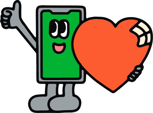 Illustration of an animated phone holding a heart in its hand and doing a thumbs up with the other hand.