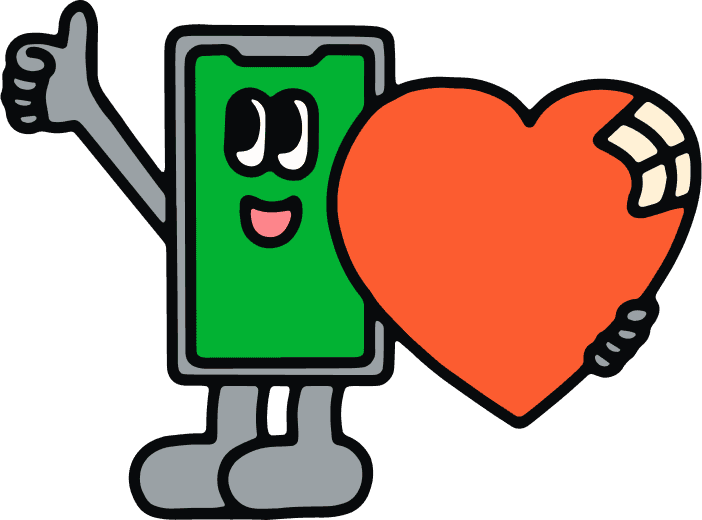 Illustration of an animated phone holding a heart in its hand and doing a thumbs up with the other hand.