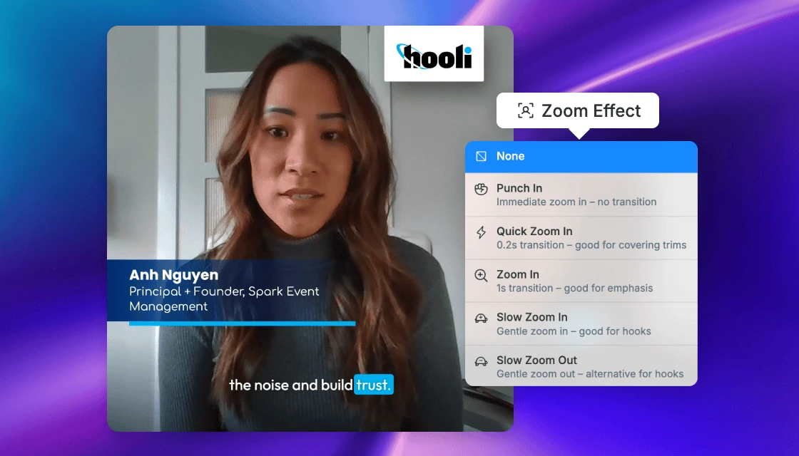 Zoom effects menu: punch in, quick zoom, slow zoom in and out