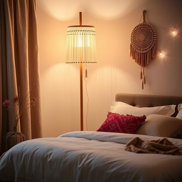 A stylish bedroom showcasing a bed, a lamp for lighting, and a colorful wall hanging for decoration.