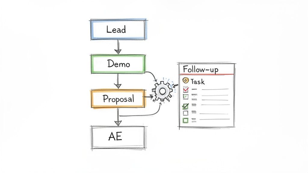A hand-drawn flowchart illustrates a sales process, including Lead, Demo, Proposal, and AE stages, linked to a follow-up task list.