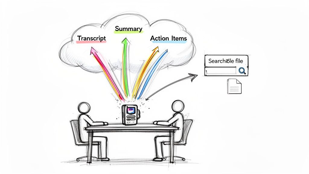 A device processes a meeting conversation into a transcript, summary, action items, and a searchable file.