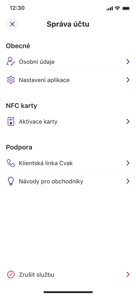 Aplikace Cvak: Správa účtu obchodníka v minimalistickém bílém designu s fialovými ikonami pro nastavení, osobní údaje, NFC karty a podporu.