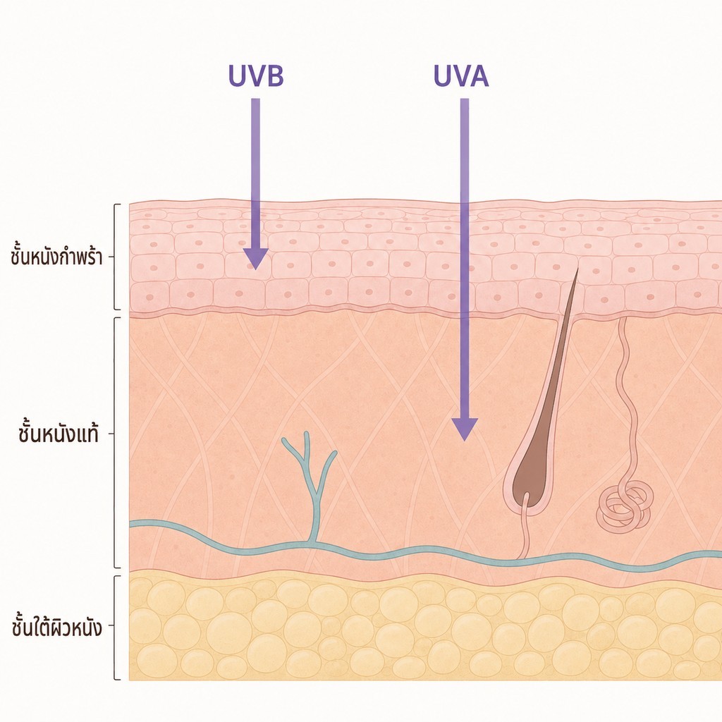 ความแตกต่างของความลึก UVB เข้าถึงหนังกำพร้า ส่วน UVA เข้าถึงหนังแท้